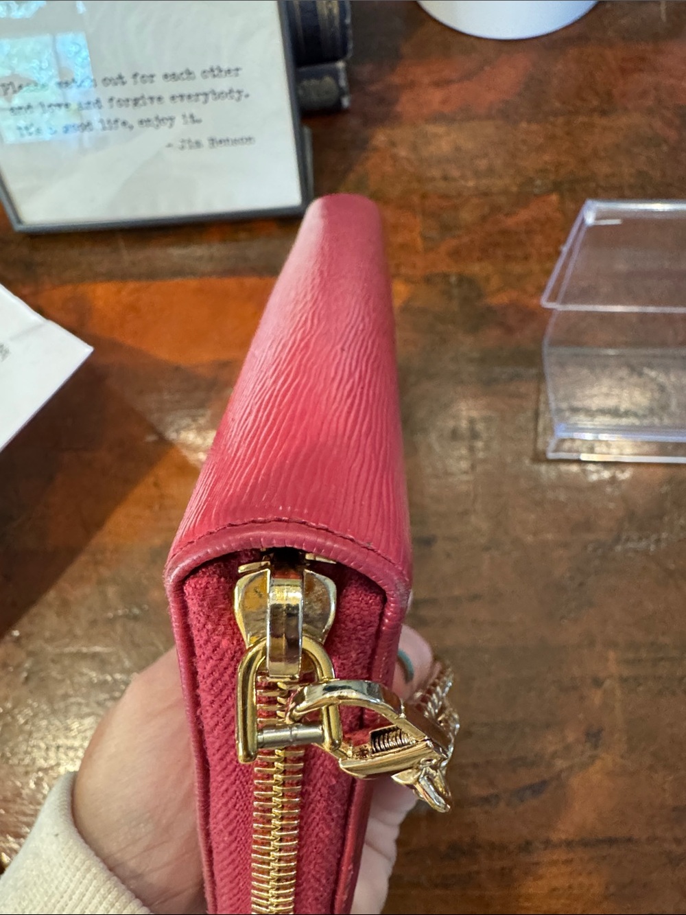 Prada Hot Pink Saffiano Zip Wallet with Gold Chain Strap - Picture 7 of 16